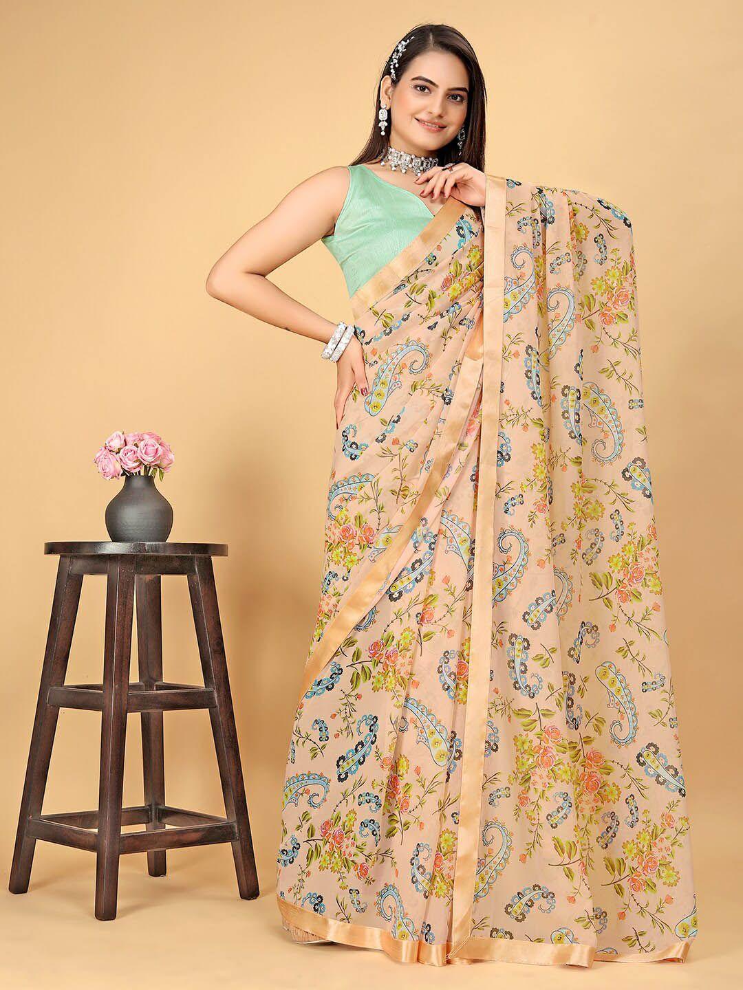 sareewave cream-coloured & green floral poly georgette block print saree