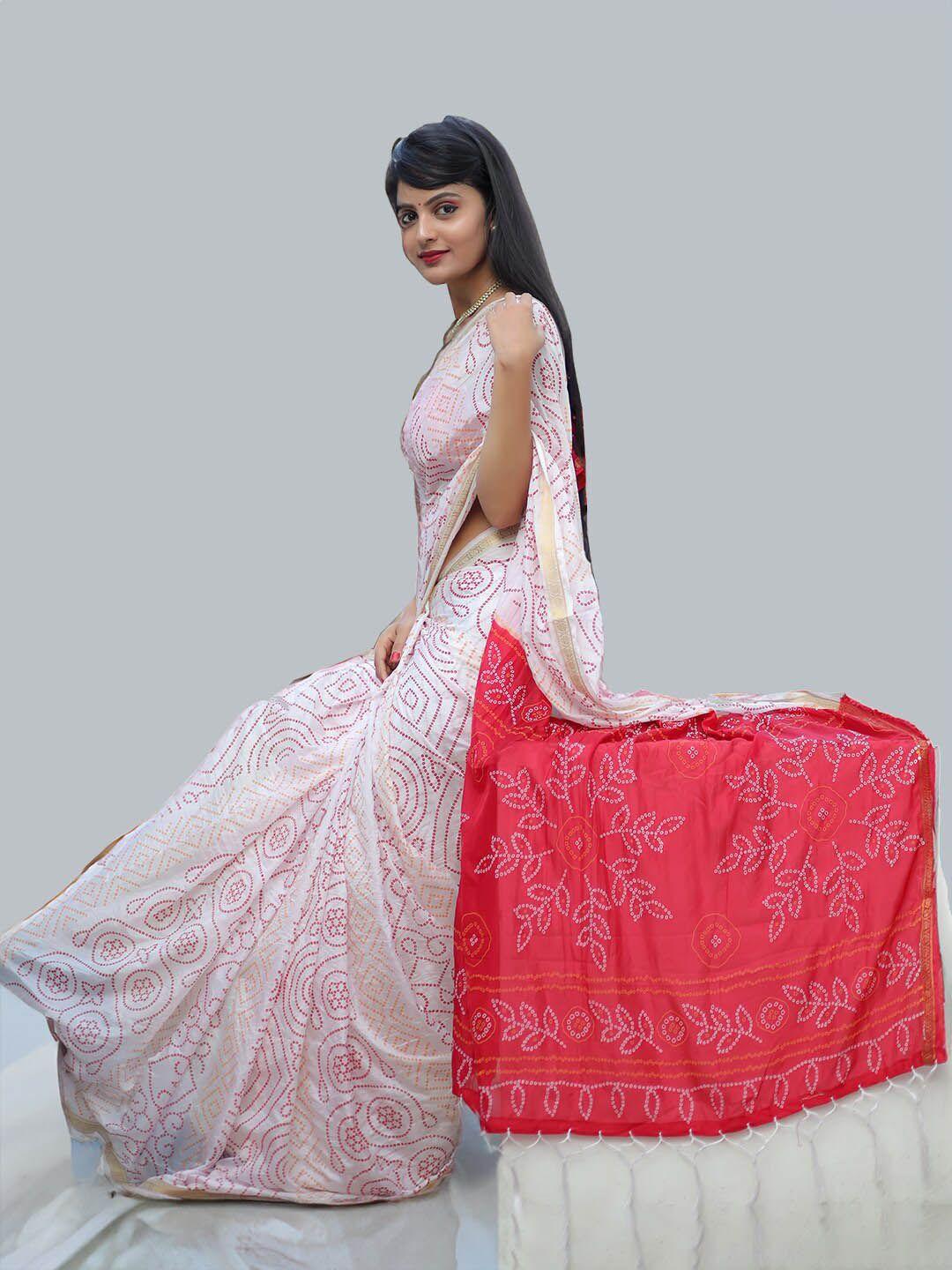 sareewave red & white bandhani zari art silk bandhani saree