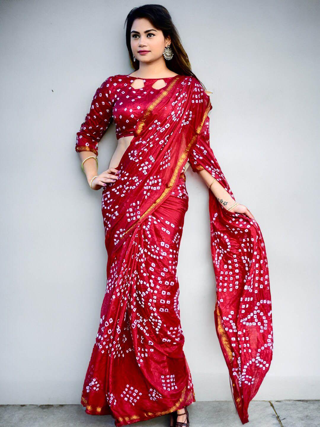 sareewave red & white bandhani zari art silk bandhani saree