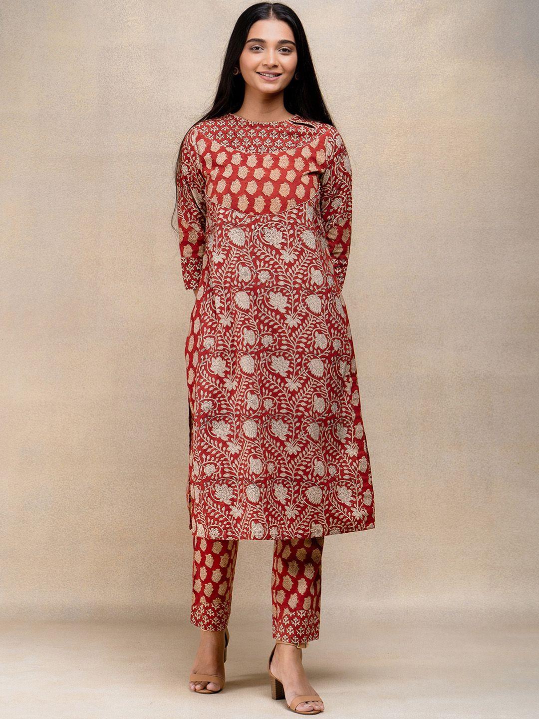 okhai women red ethnic motifs printed regular pure cotton kurta with trousers