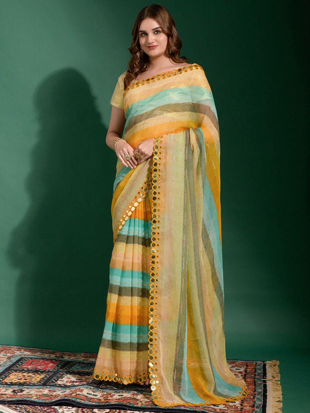 dwiza enterprise striped mirror work pure chiffon leheriya saree