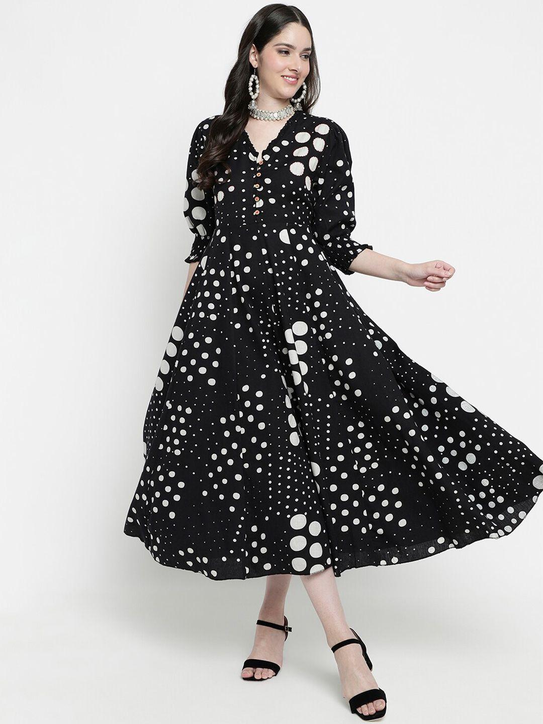 aayusika polka dot printed puff sleeves fit and flare cotton midi dress