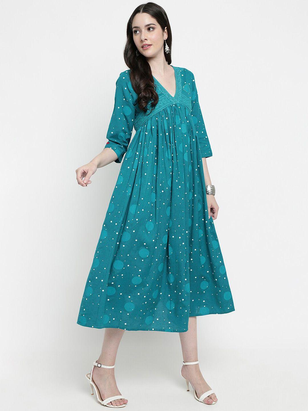 aayusika polka dots printed v-neck embroidered cotton empire midi ethnic dress