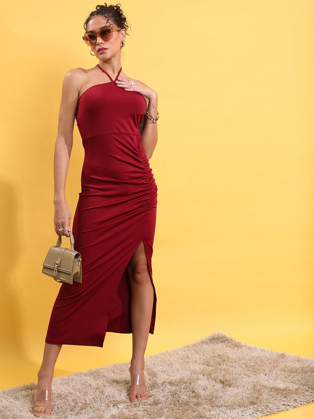 tokyo talkies maroon halter neck gathered ruched slit bodycon midi dress