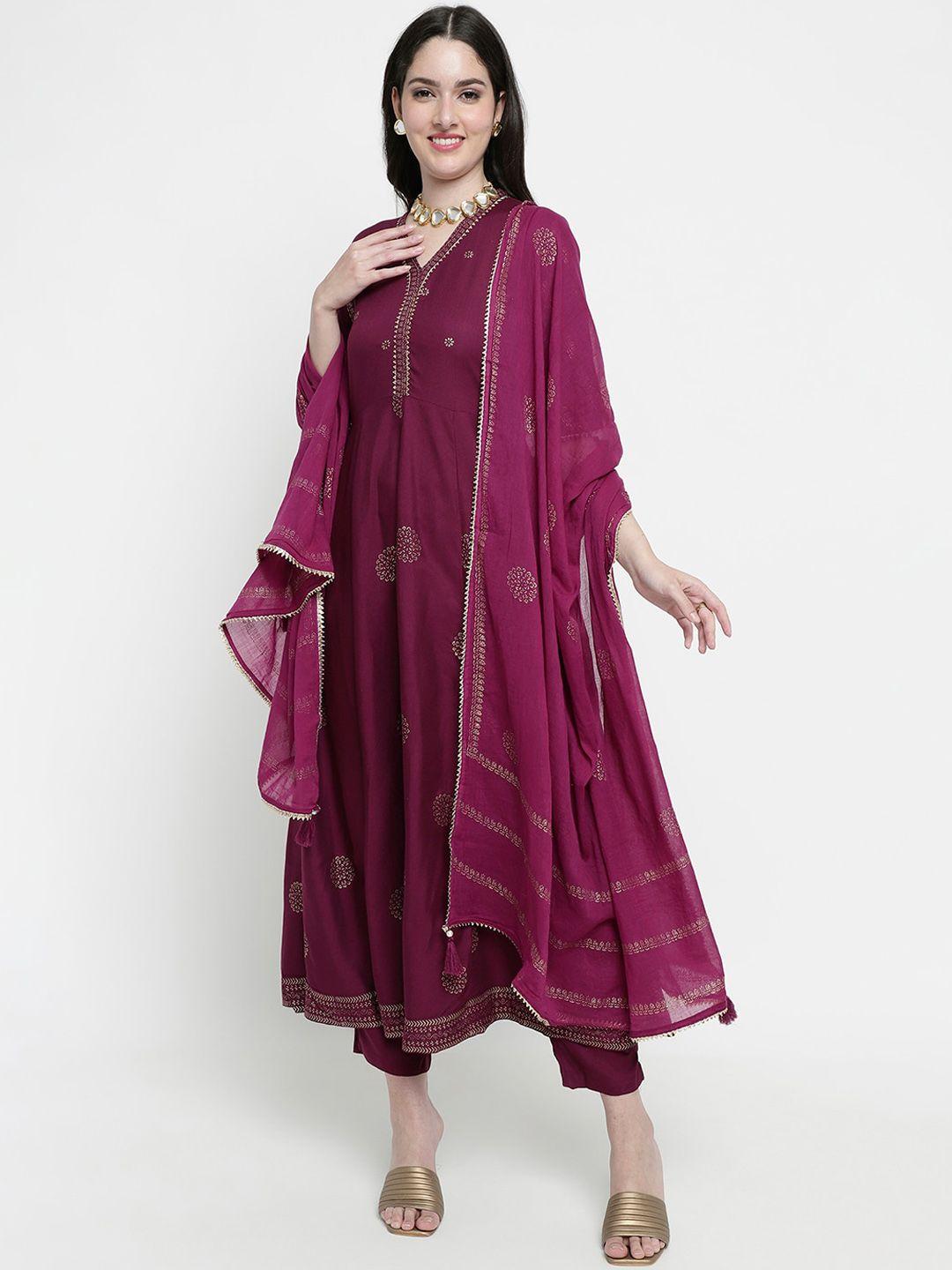 aayusika ethnic motifs printed pleated gotta patti kurta with trousers & dupatta