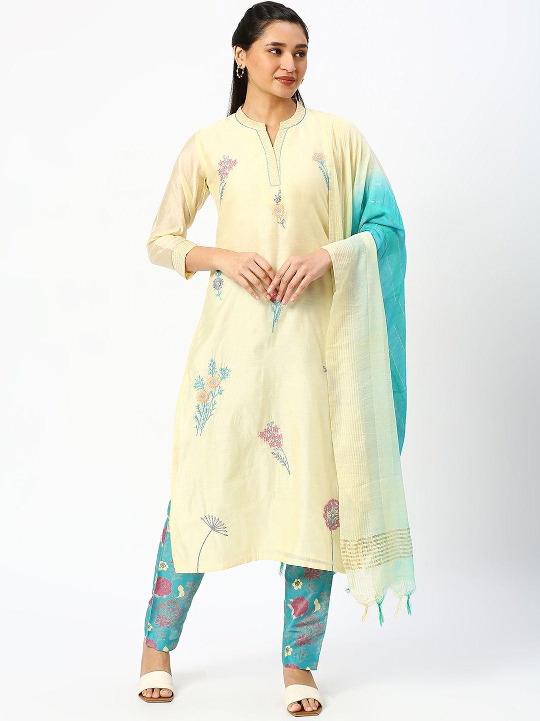 dressline floral embroidered chanderi silk kurta with salwar & with dupatta