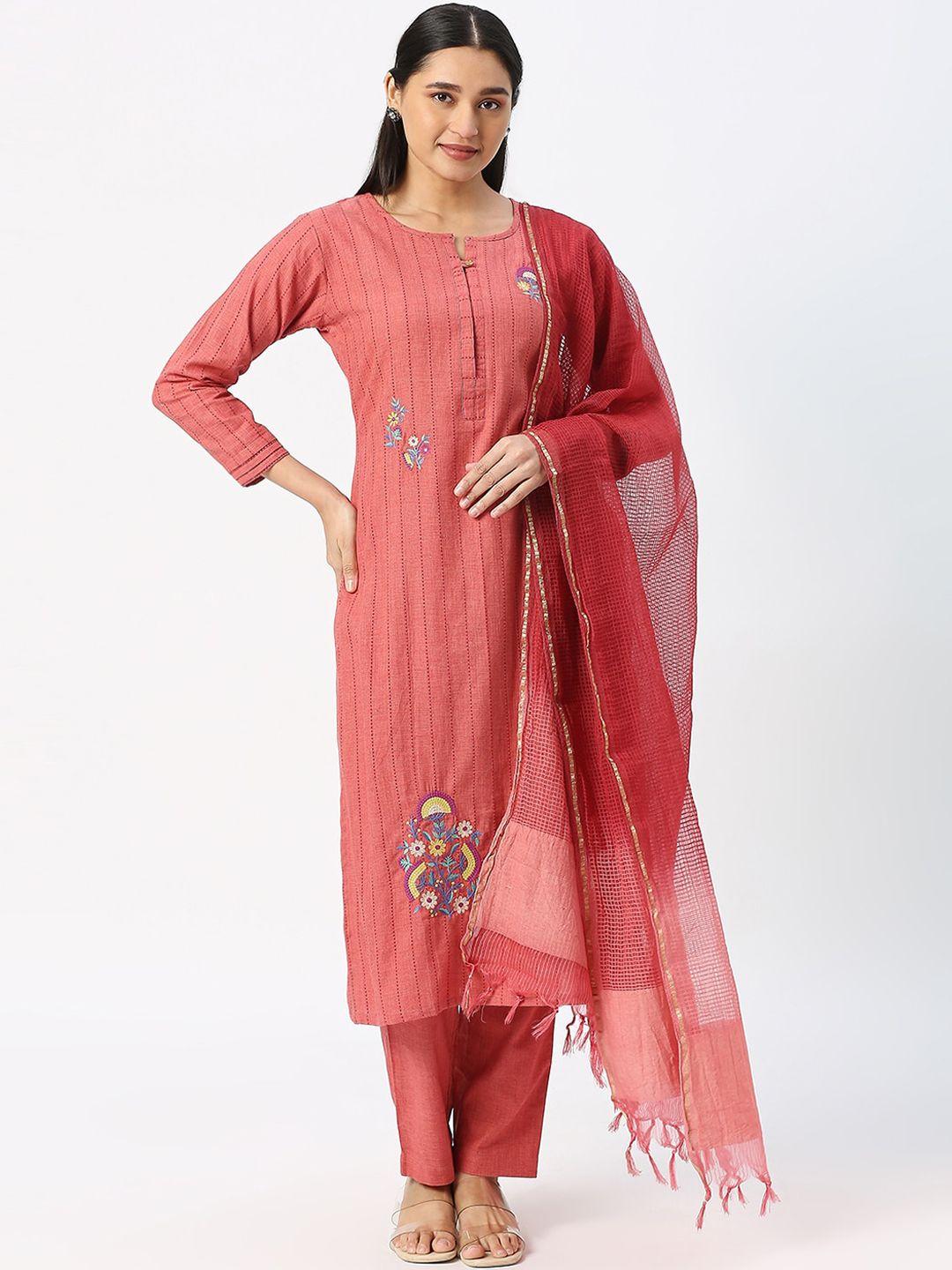 dressline floral embroidered thread work pure cotton kurta with trousers & dupatta