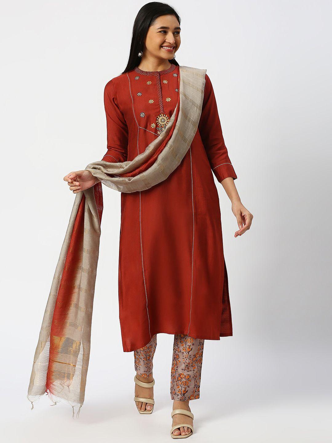 dressline ethnic motifs embroidered kurta with trousers & dupatta