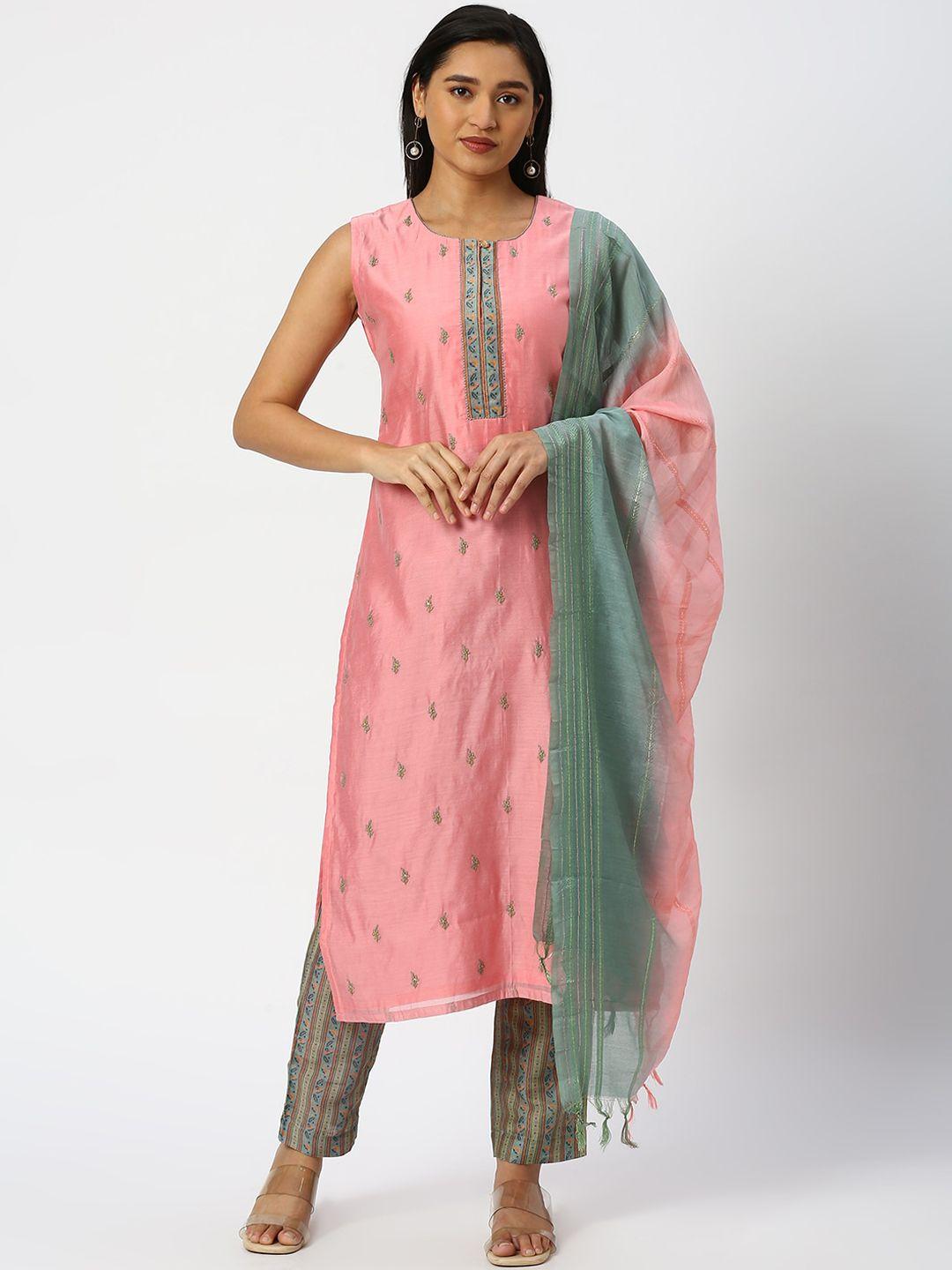 dressline floral embroidered regular thread work chanderi silk kurta with salwar & dupatta