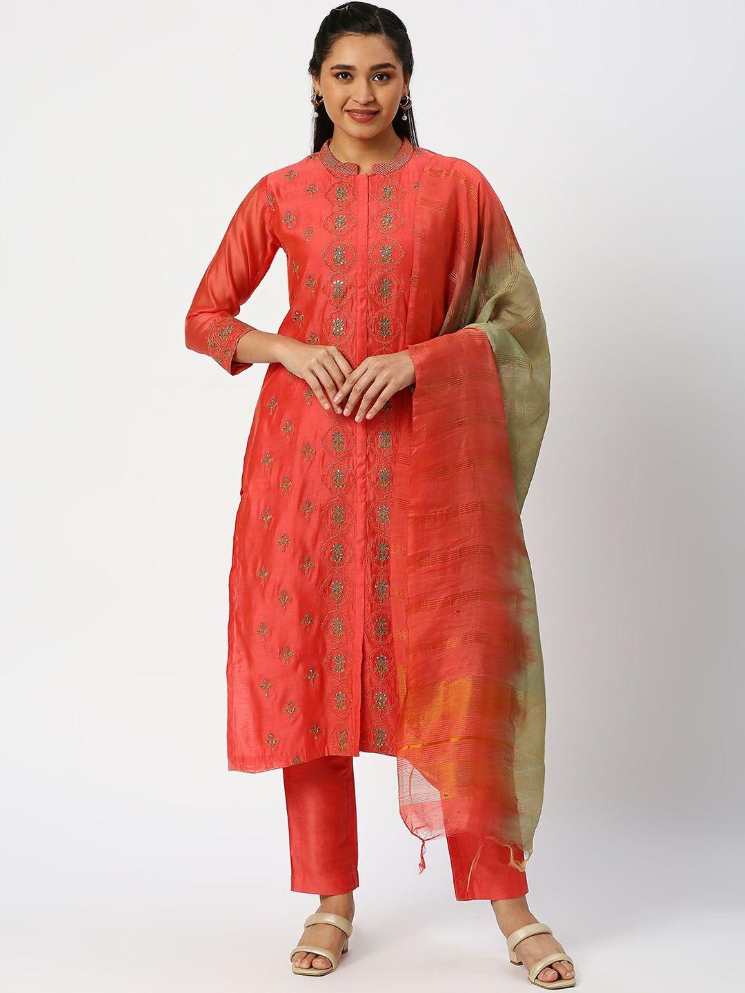 dressline ethnic motifs embroidered chanderi silk kurta with trousers & dupatta