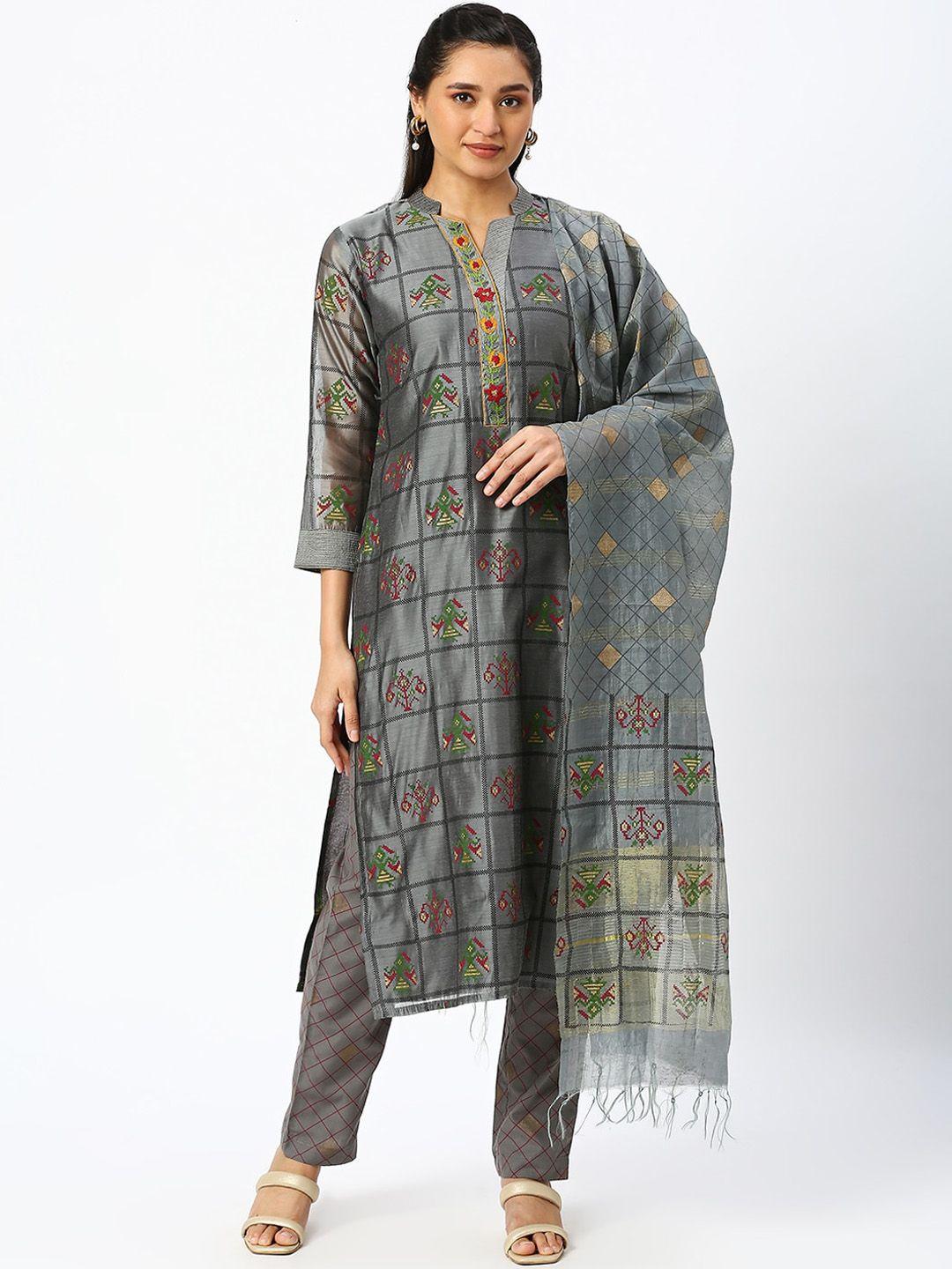 dressline ethnic motifs printed thread work chanderi silk kurta with trousers & dupatta