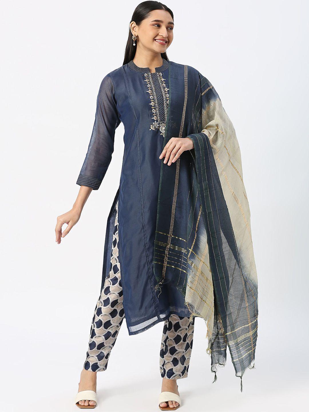 dressline ethnic motifs embroidered chanderi silk kurta with salwar & with