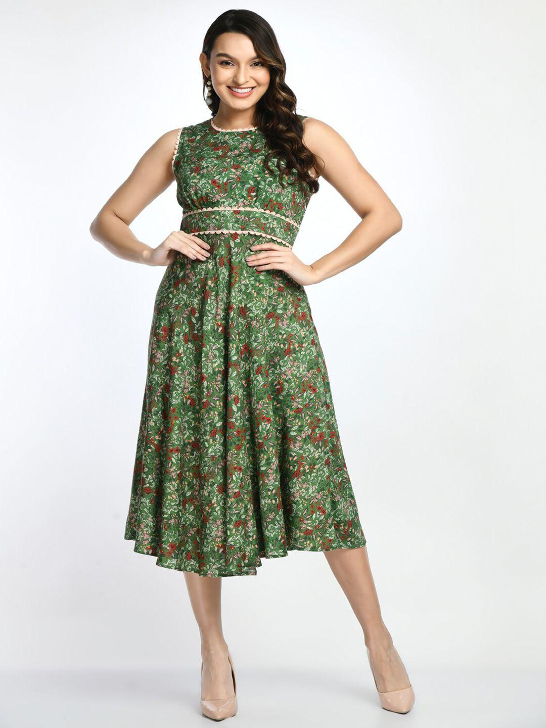 dressberry green floral print formal fit & flare midi dress