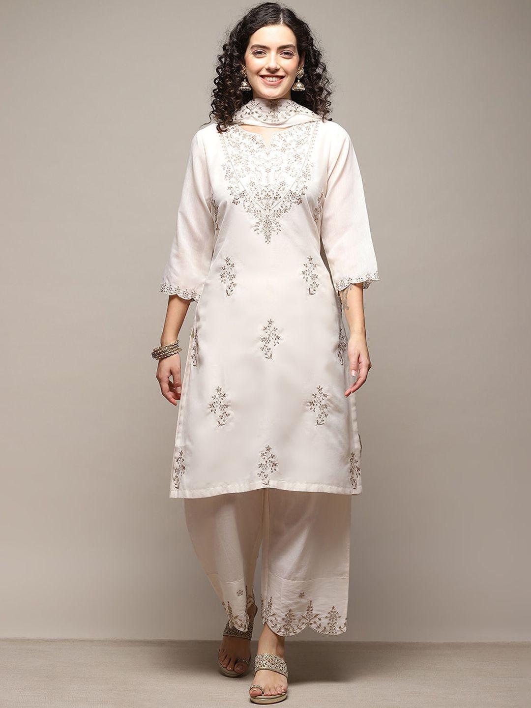 biba floral embroidered straight kurta with palazzos & dupatta