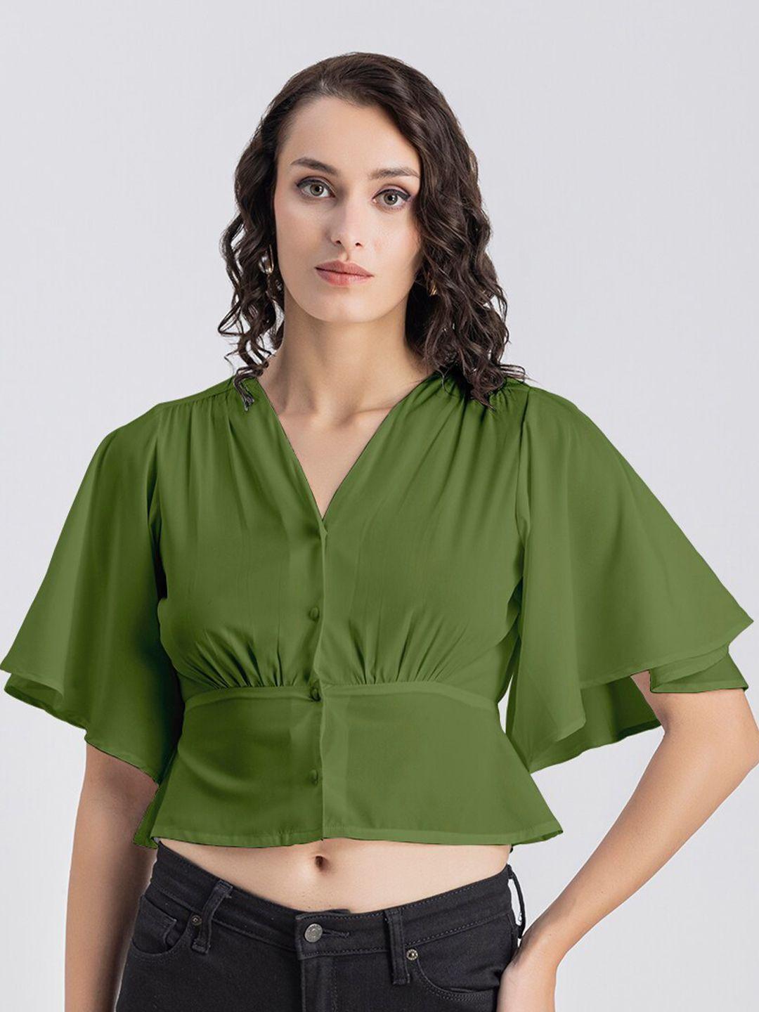 moomaya olive green flared sleeve crepe cinched waist crop top