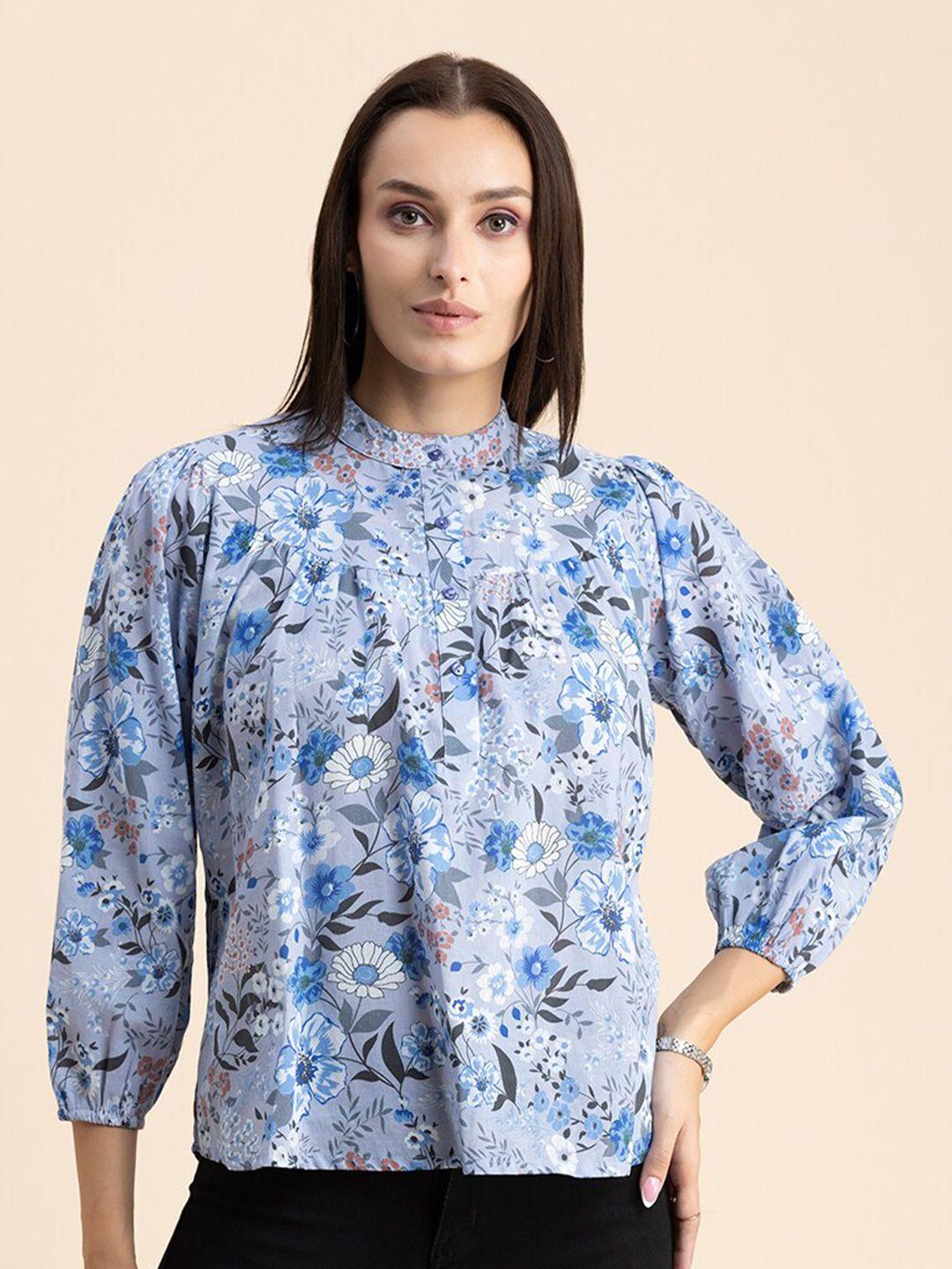 moomaya blue floral print cotton top