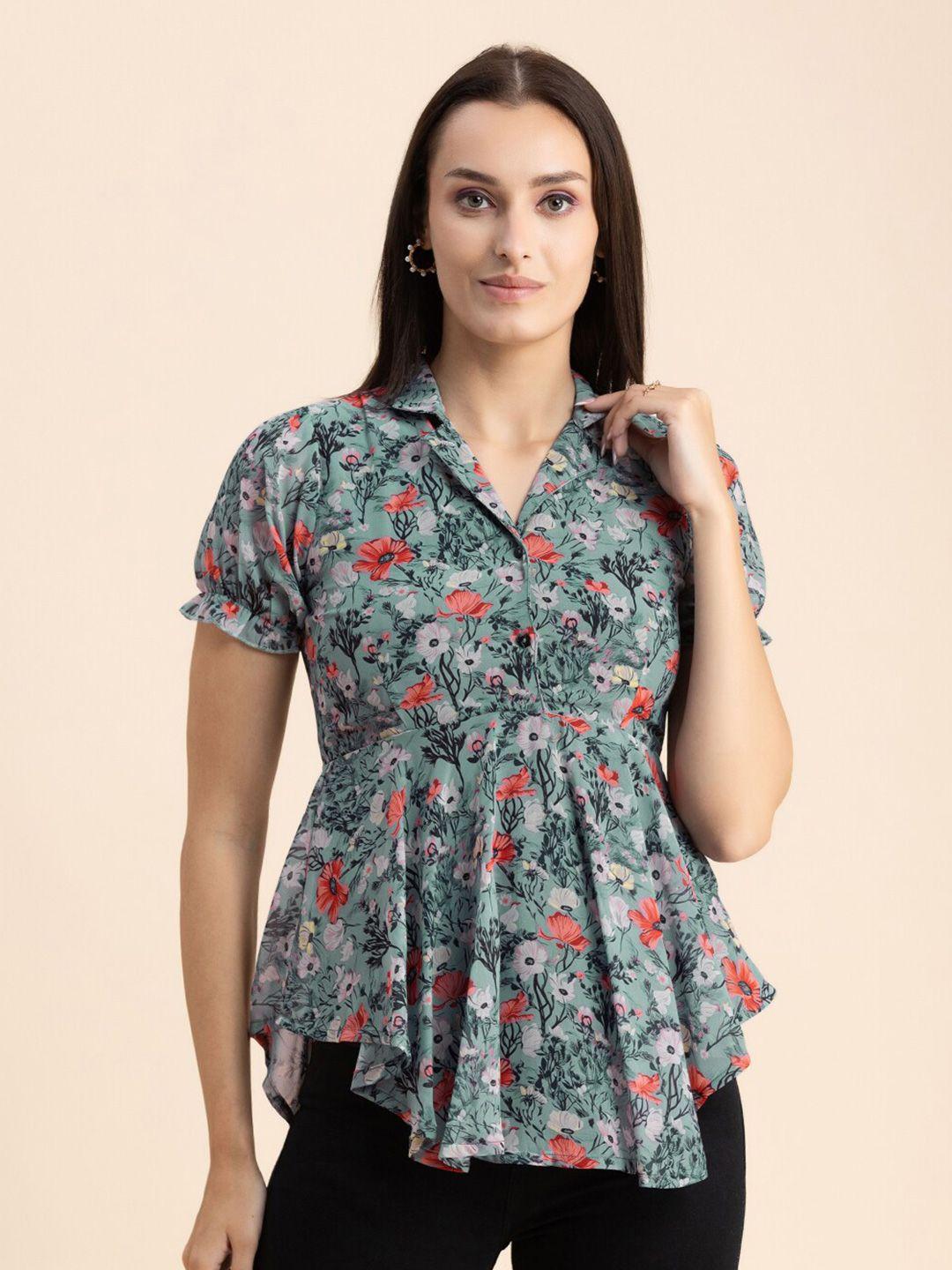 moomaya green floral print georgette peplum top