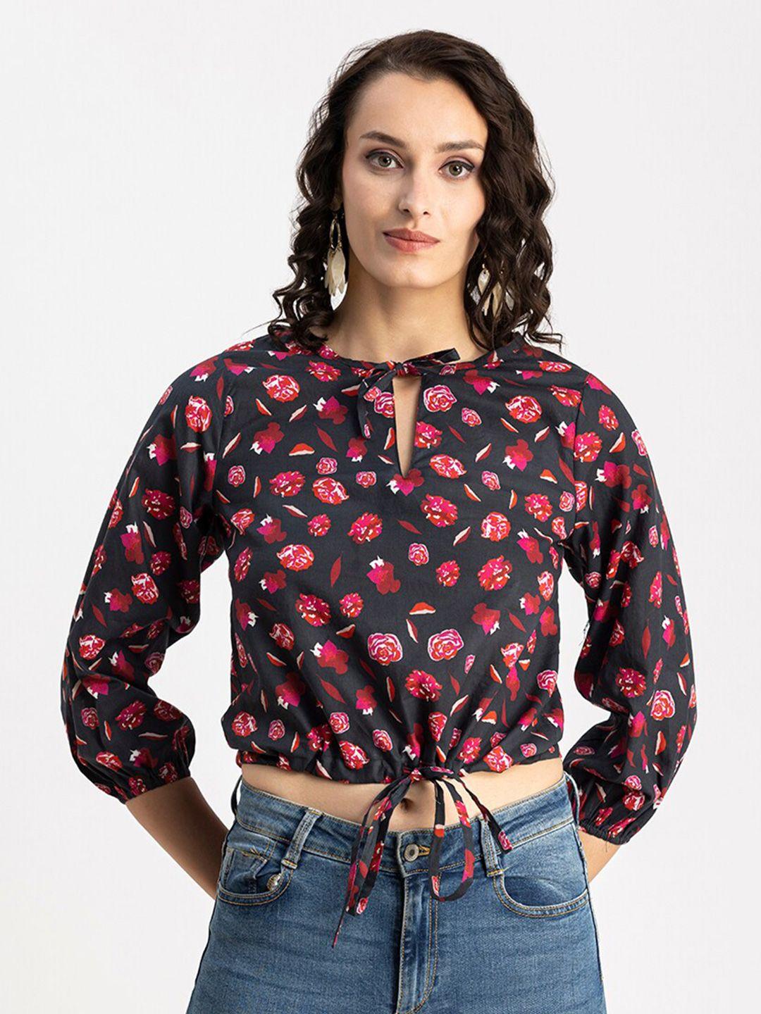 moomaya black floral print keyhole neck puff sleeve cotton blouson crop top