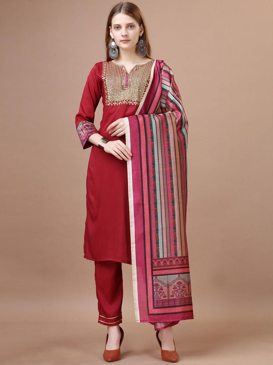 worivoc women maroon ethnic motifs embroidered regular kurta with trousers & with dupatta