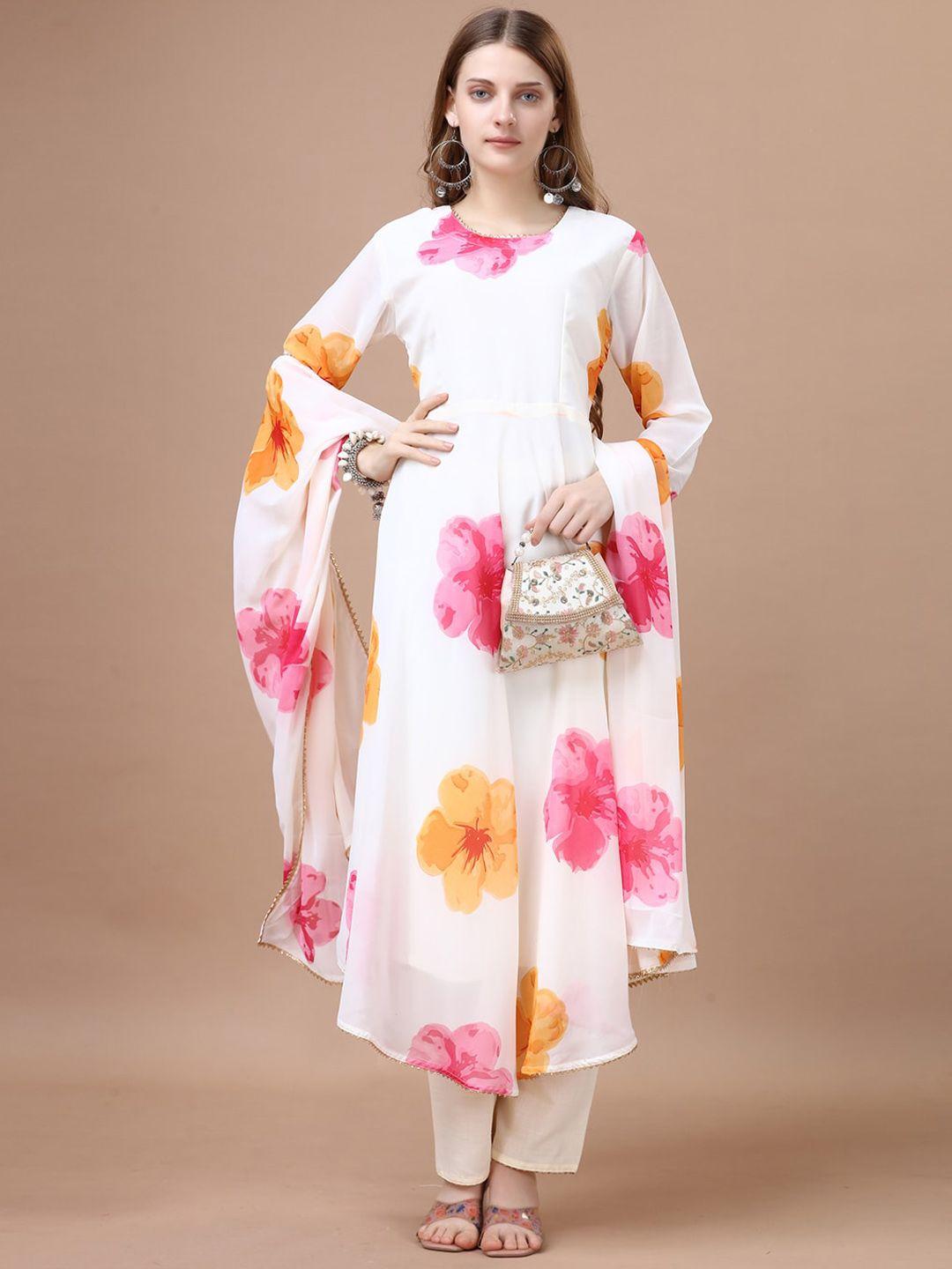 worivoc women white floral printed regular kurta with trousers & with dupatta