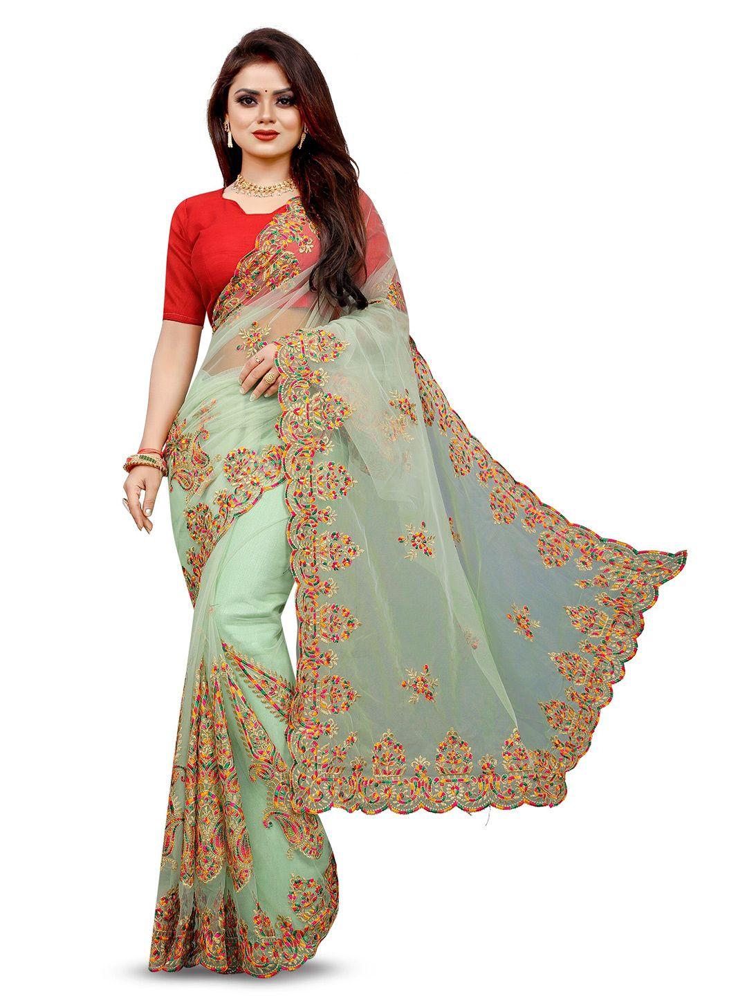 barkiya creation sea green & pink ethnic motifs embroidered net saree