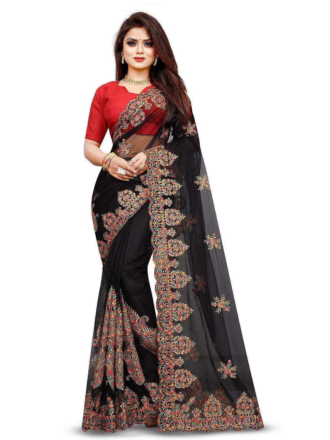 barkiya creation black & blue embellished embroidered net saree