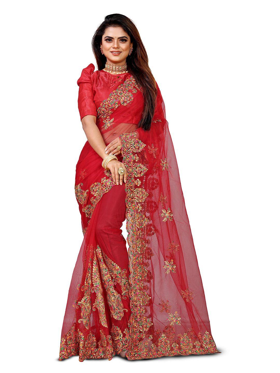 barkiya creation red & gold-toned embellished zari net saree