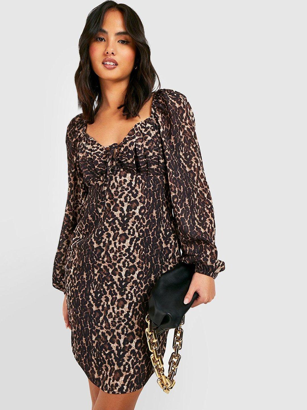 boohoo leopard print chiffon puff sleeve shift dress