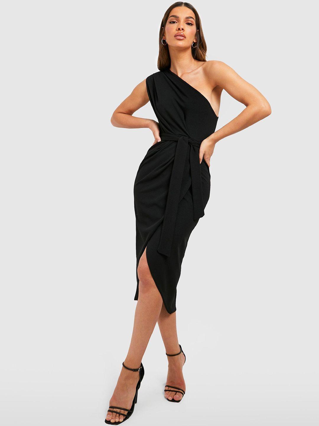 boohoo one shoulder pleated detail bodycon midi dress