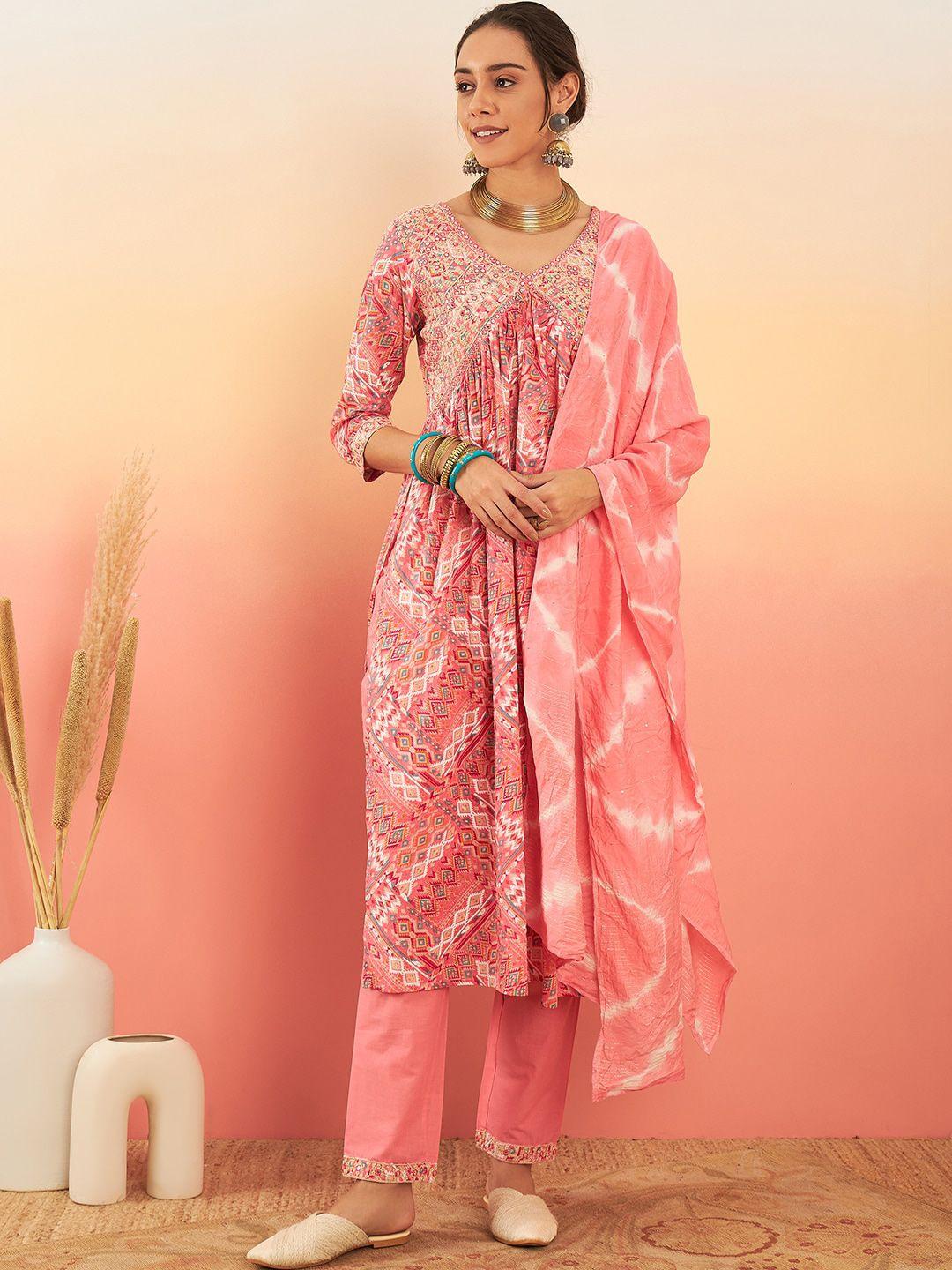 sangria ethnic motif printed thread work pure cotton empire kurta with trouser & dupatta