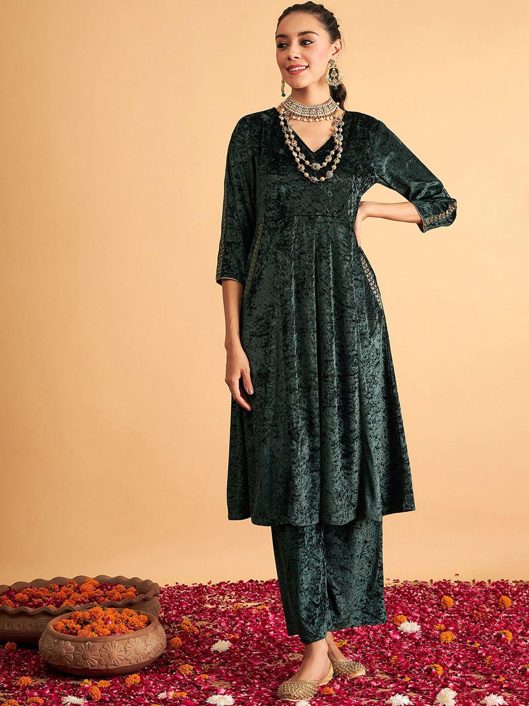 shae by sassafras v-neck thread work velvet pleated a-line kurta