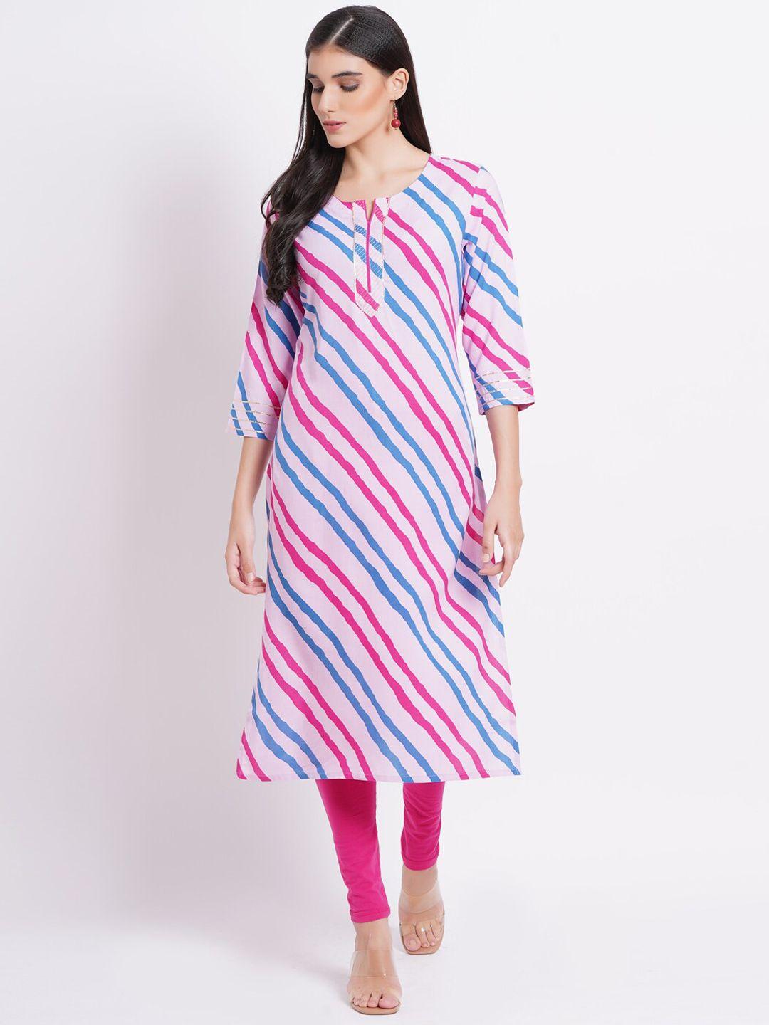 suti women pink striped flared sleeves mirror work kurta