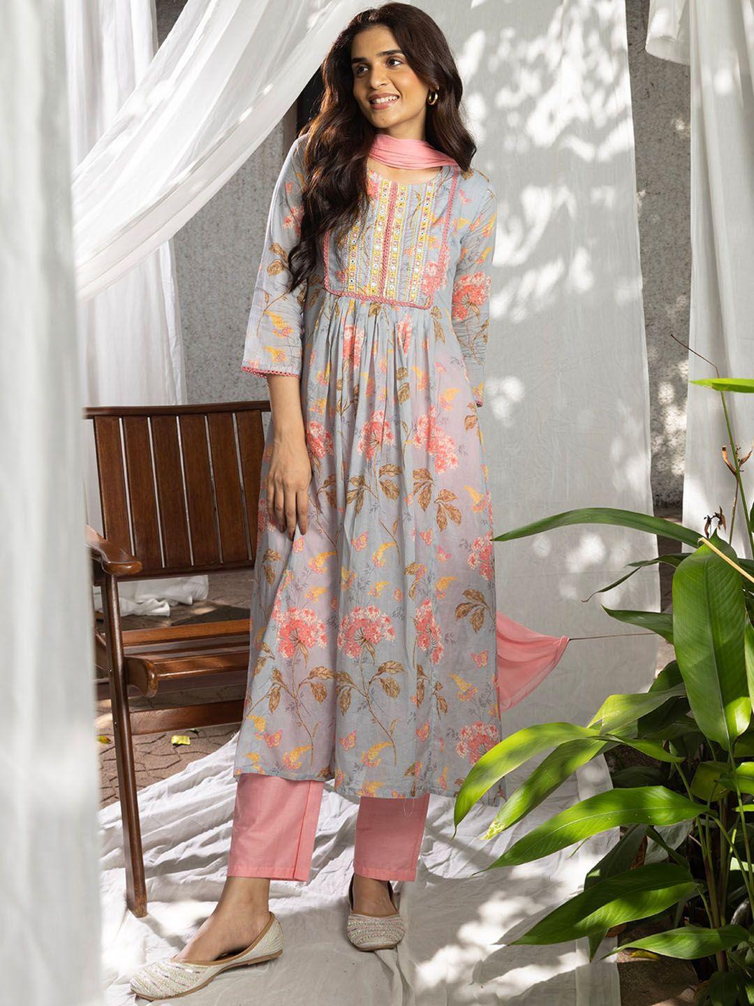 sangria floral printed thread work pure cotton a-line kurta with trouser & dupatta