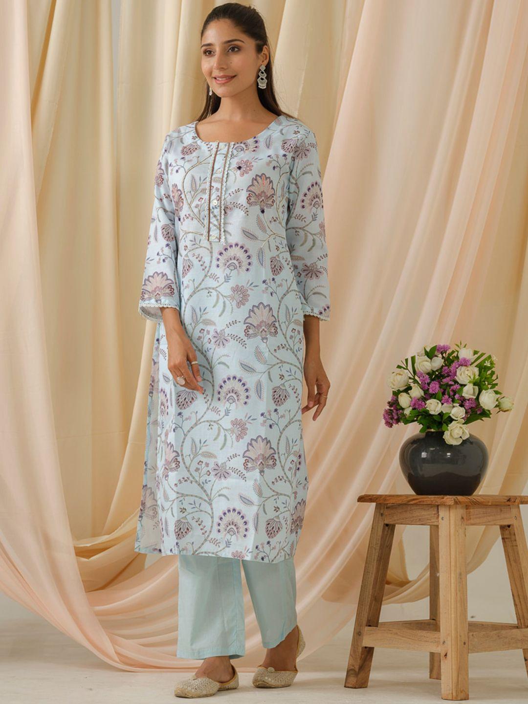 sangria floral-printed cotton straight kurta with trouser