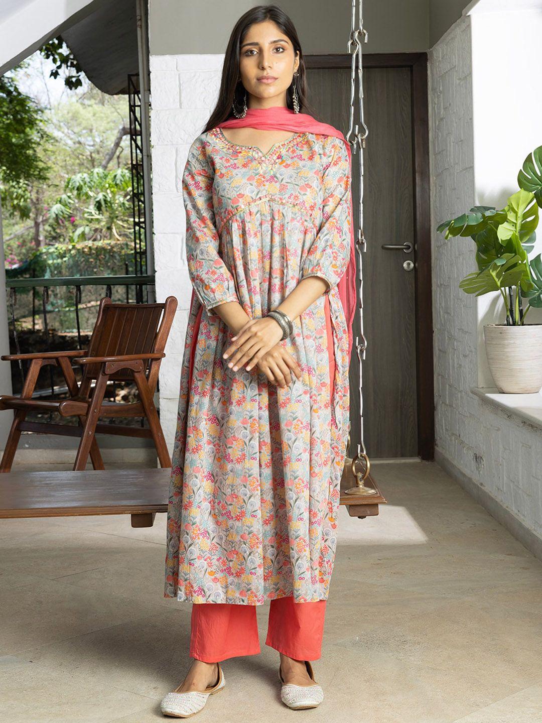 sangria floral printed mirror work pure cotton a-line kurta with trouser & dupatta