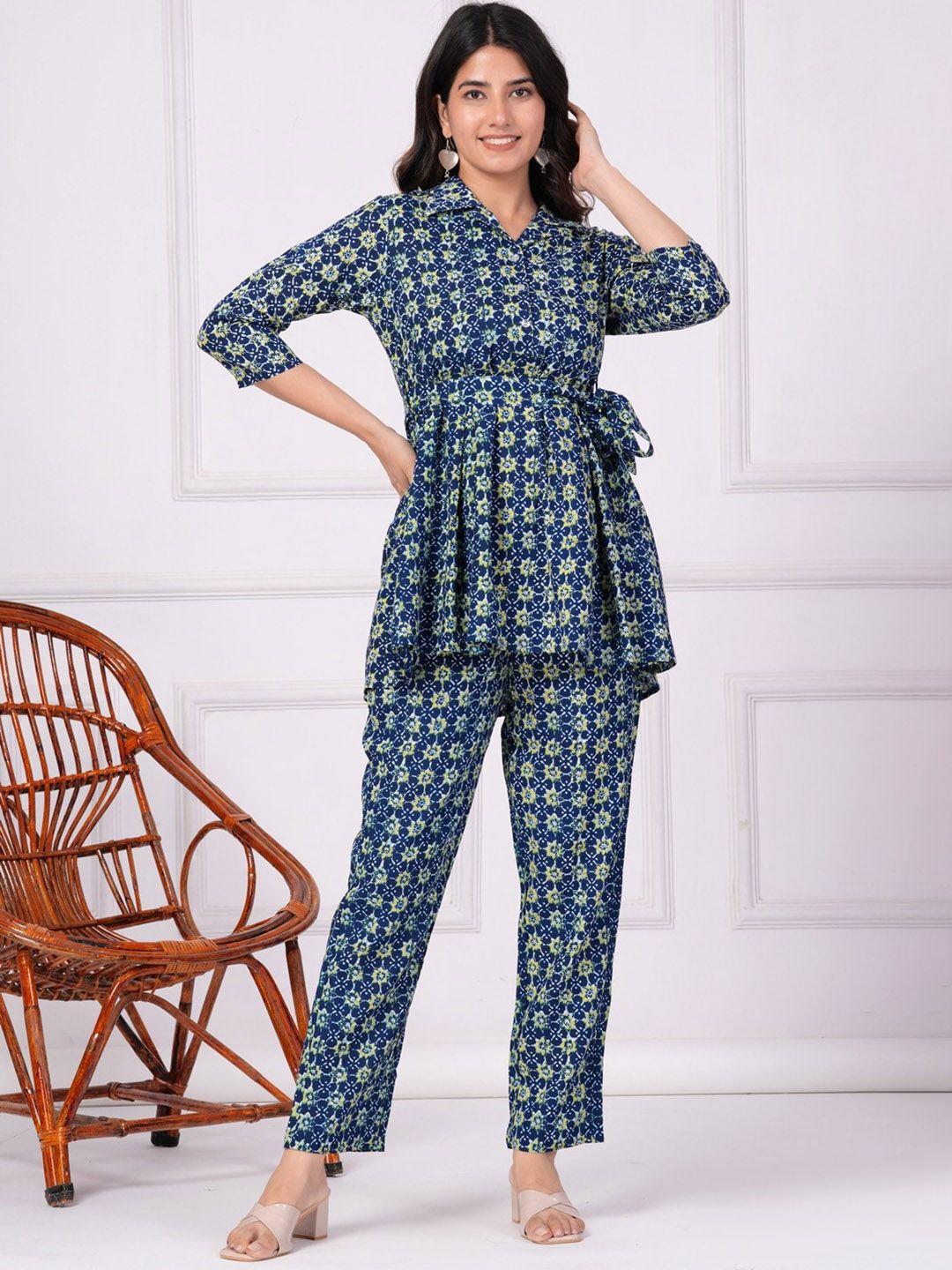 vastralay floral printed shirt collar tie-up belt tunic with trousers