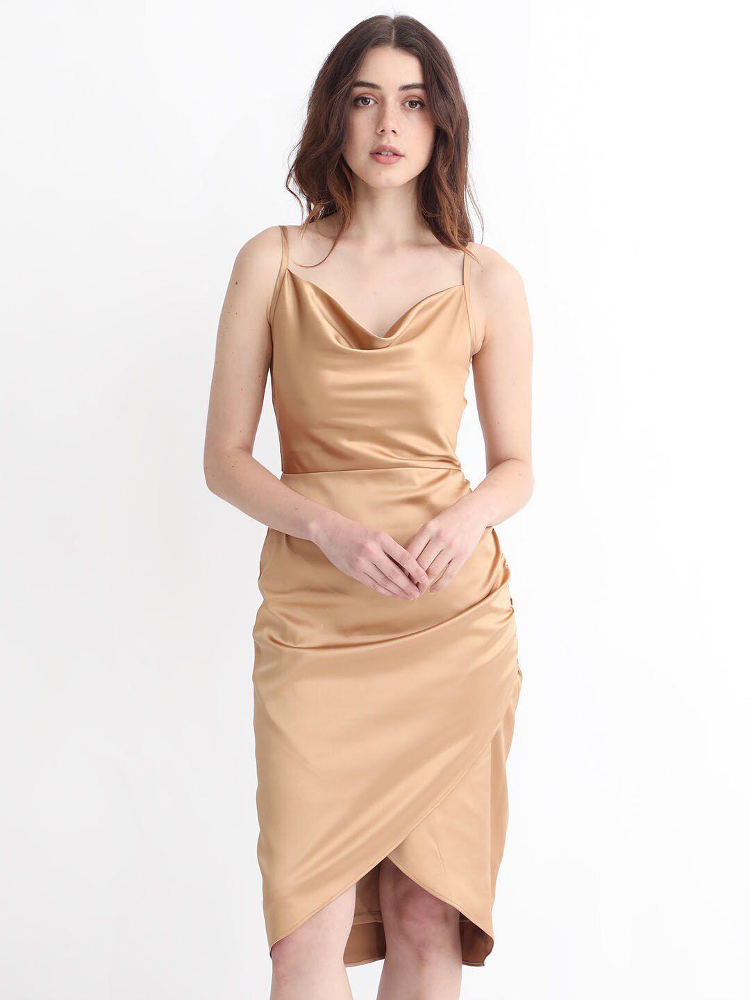 rareism gold-toned cowl neck shoulder strap sleeves sheath midi dress