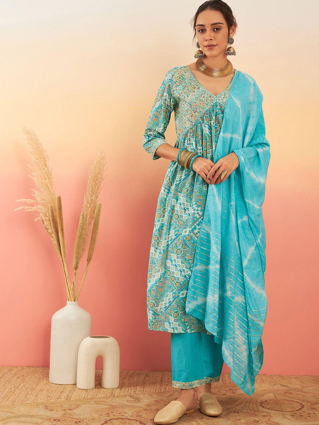 sangria printed & embroidered pure cotton a-line kurta with trouser & dupatta set