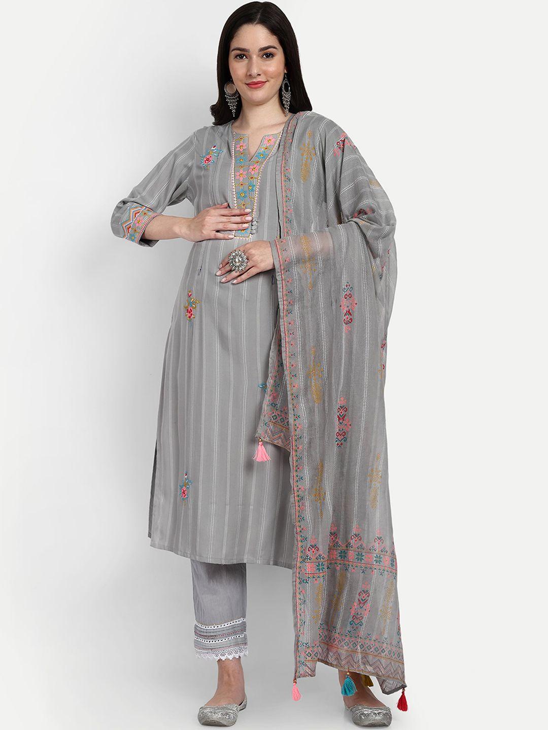 mumzhug striped regular thread work pure cotton maternity kurta with trousers & dupatta