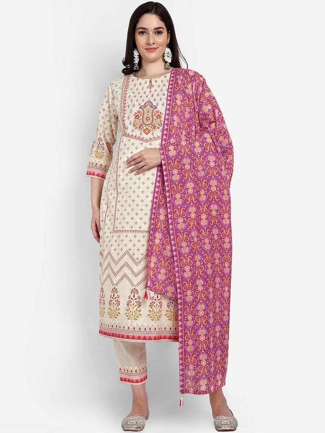 mumzhug ethnic printed regular thread work cotton maternity kurta with trousers & dupatta