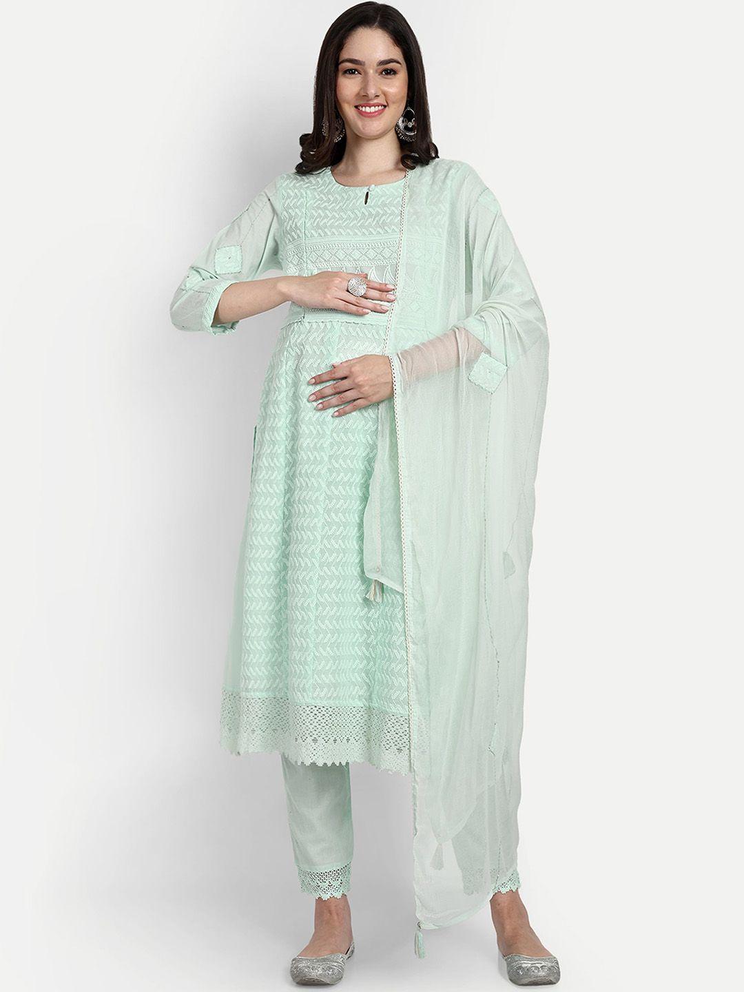 mumzhug ethnic embroidered thread work maternity cotton kurta with trousers & dupatta