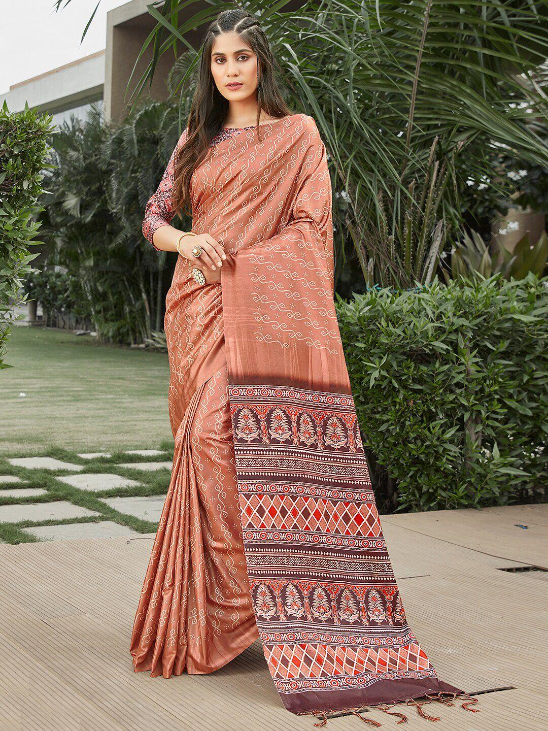 anouk rust & red bandhani printed saree