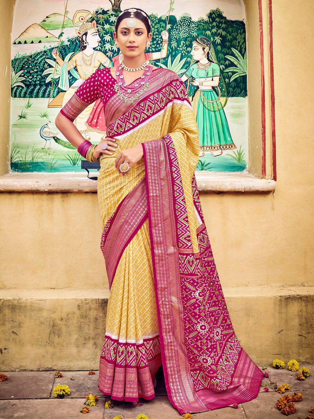 anouk yellow & pink ethnic motifs printed zari ikat saree