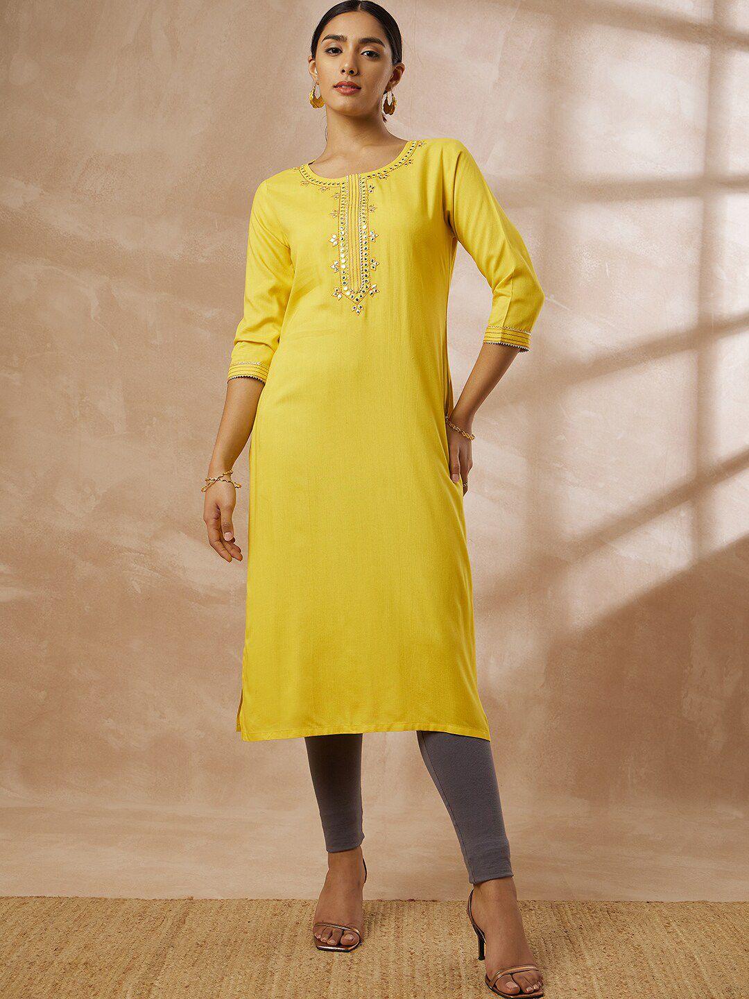 all about you geometric embroidered pure cotton mirror work detail straight kurta