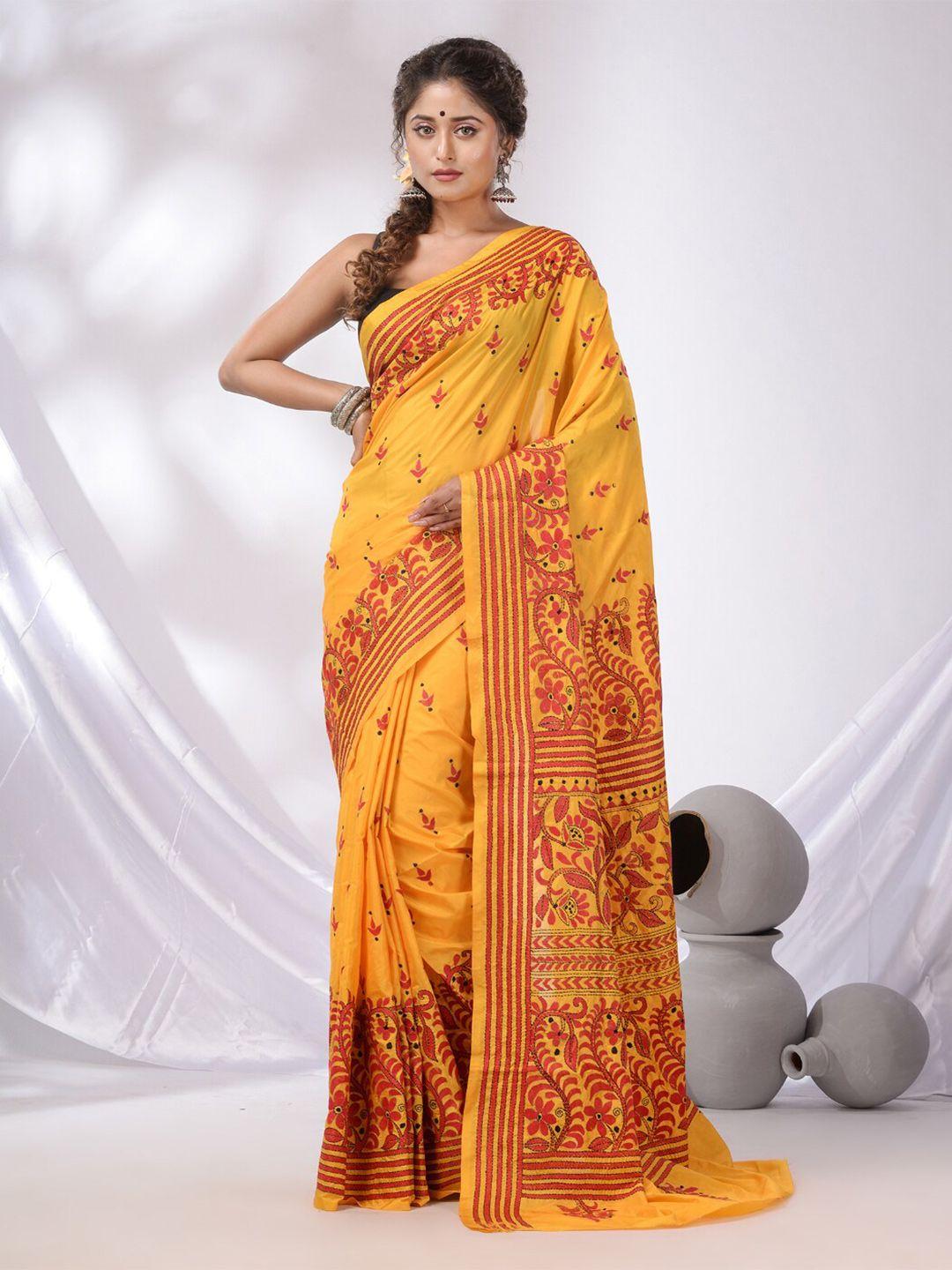 charukriti floral kantha work saree