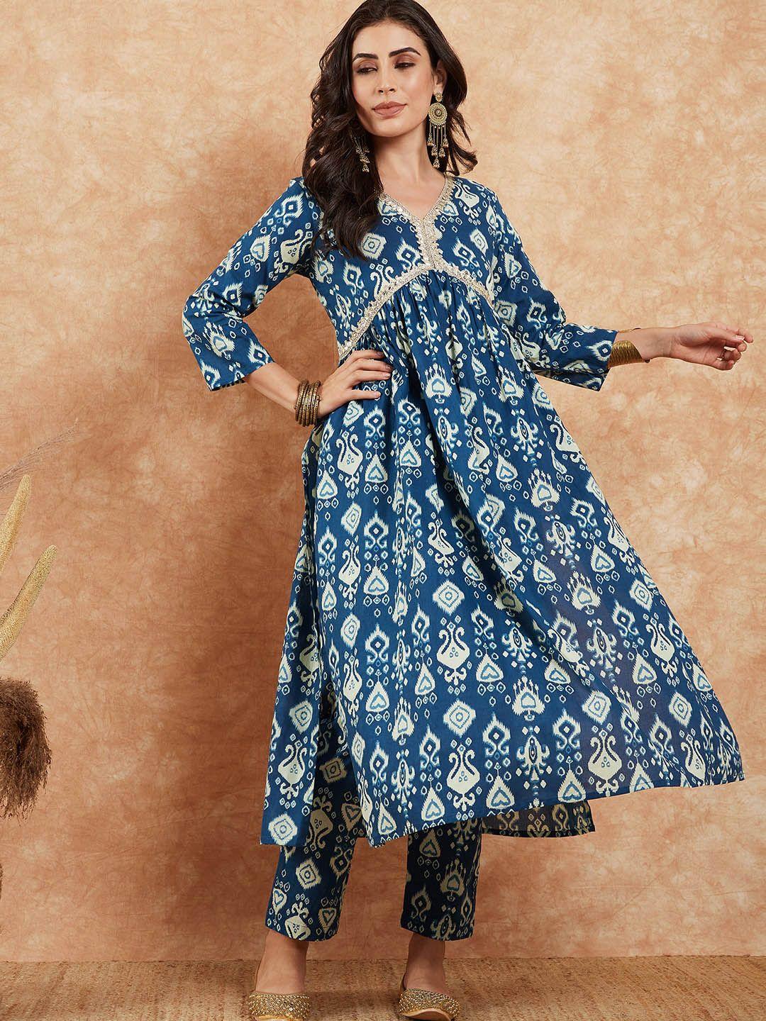 inweave blue ethnic motifs printed gotta patti empire pure cotton kurta with trousers