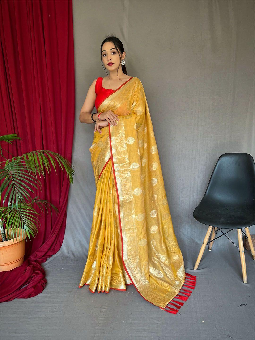 mitera mustard yellow & gold-toned ethnic motifs woven design zari banarasi saree