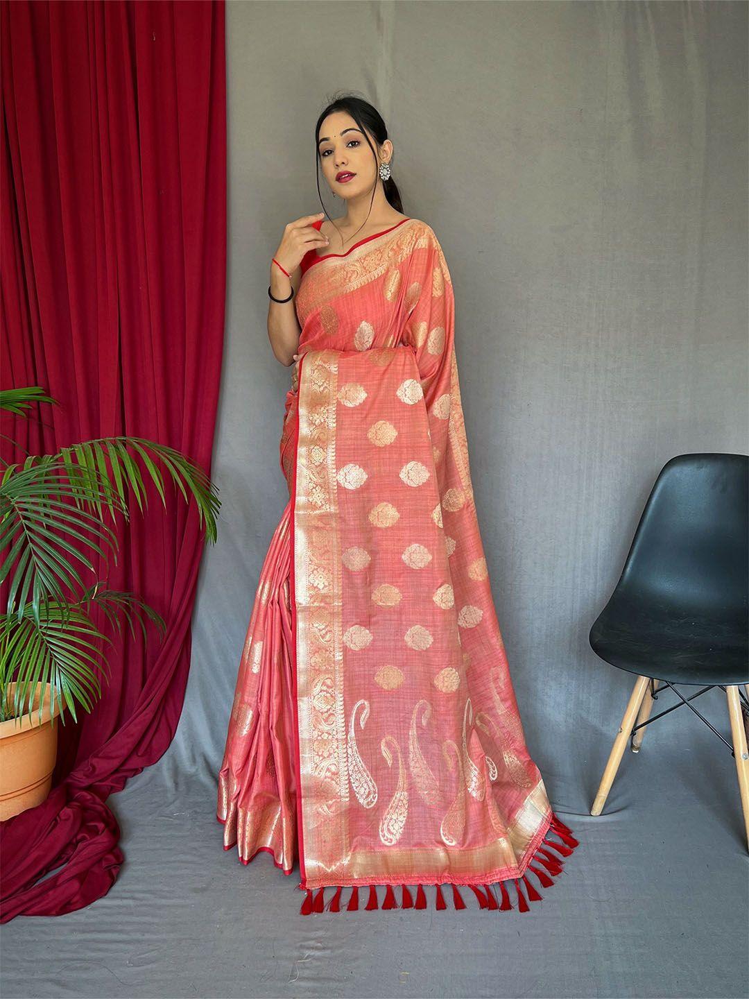 mitera pink & gold-toned ethnic motifs woven design zari banarasi saree