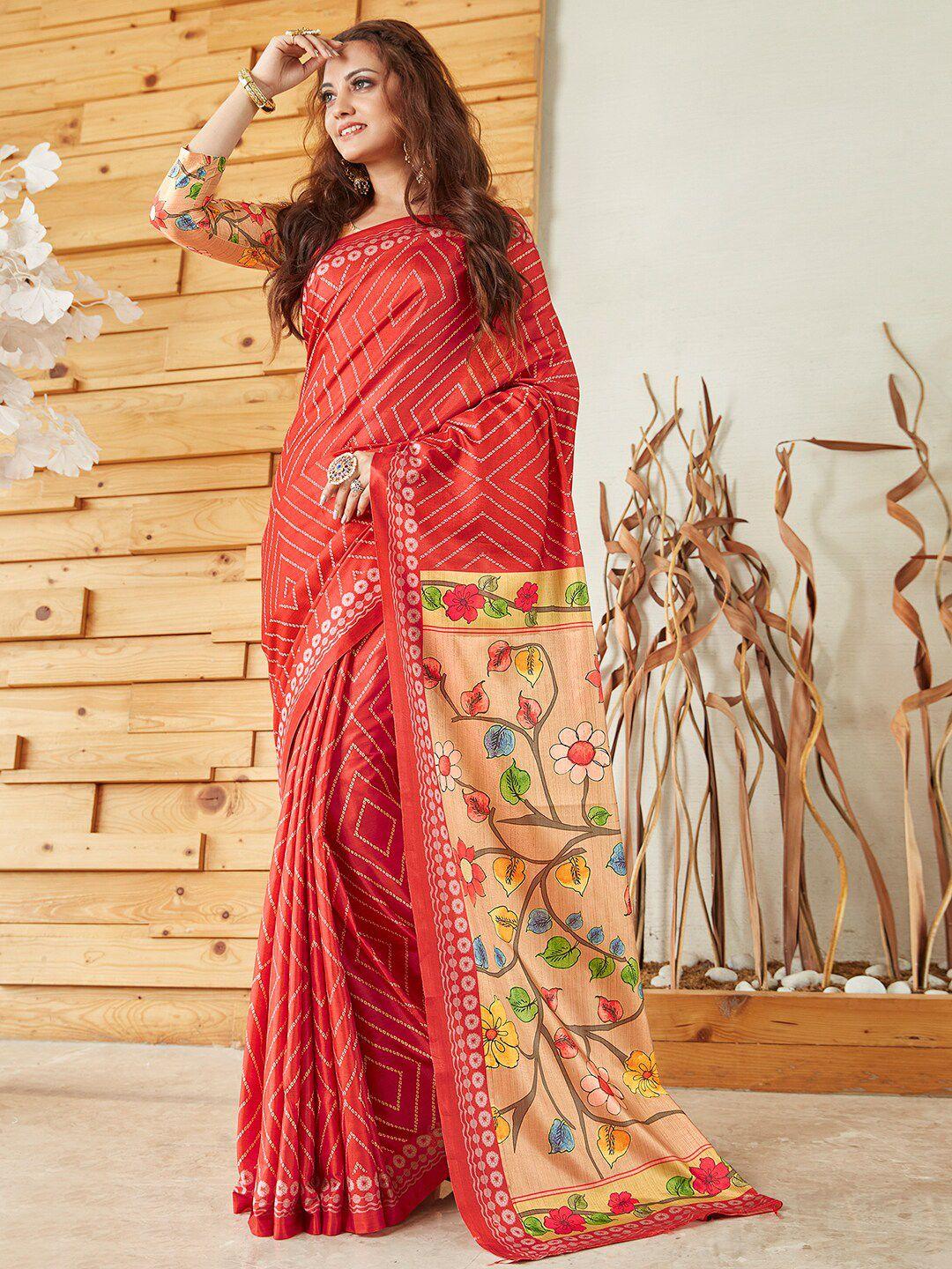 anouk red bandhani printed saree