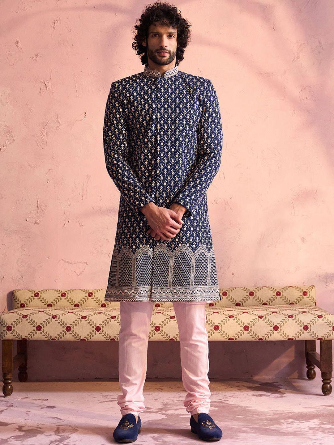 shrestha by vastramay embroidered mandarin collar slim fit sherwani set